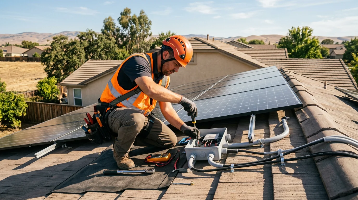 Close inspection of solar wiring and inverter connections on a Tracy home