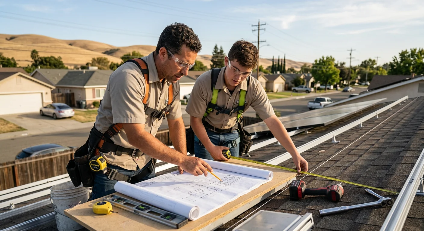 Solar crew reviewing installation layout and measurements on a Tracy rooftop
