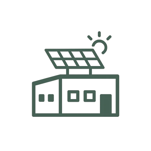 Line icon of a commercial building with rooftop solar panels